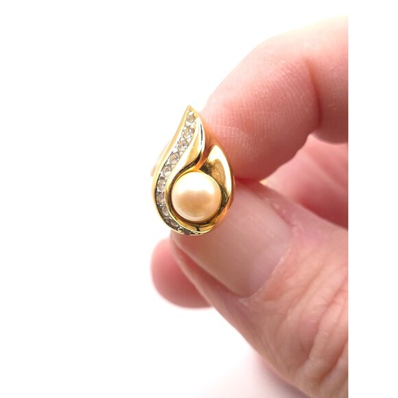 Monet Gold-Tone Earrings With Faux Pearl & Clear Gemstones - Picture 4 of 6